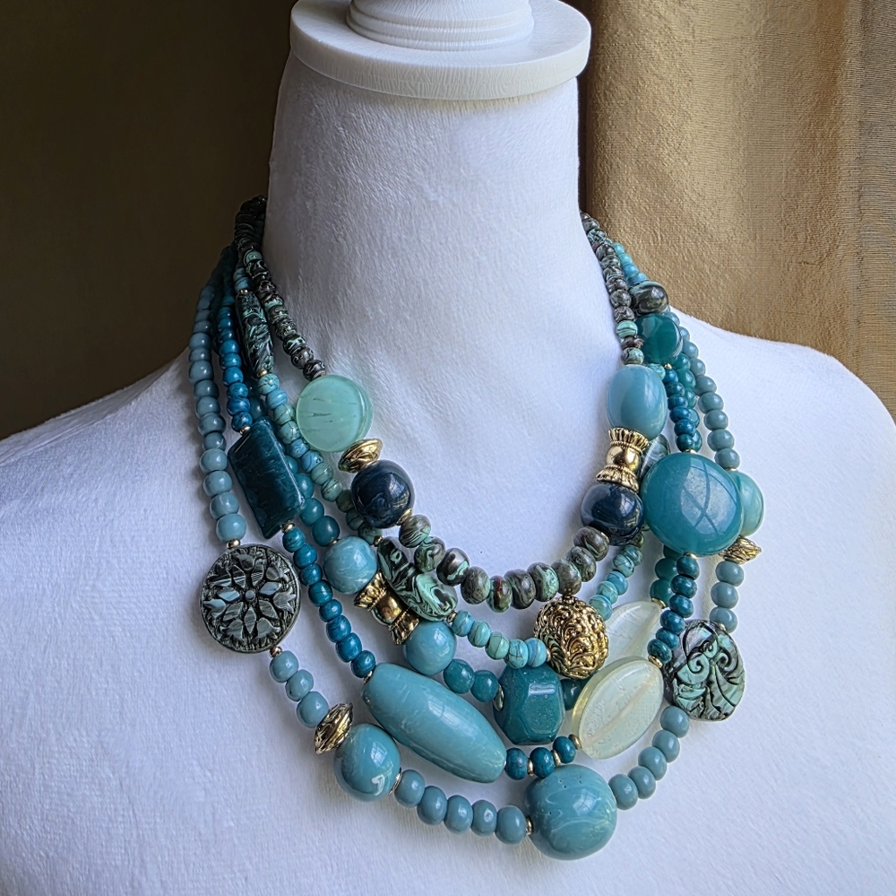 Asian-inspired Turquoise Blue & Gold Statement Necklace